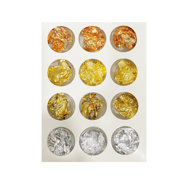 Kit decoración Pan de Oro, Plata, Oro quemado y Bronce quemado