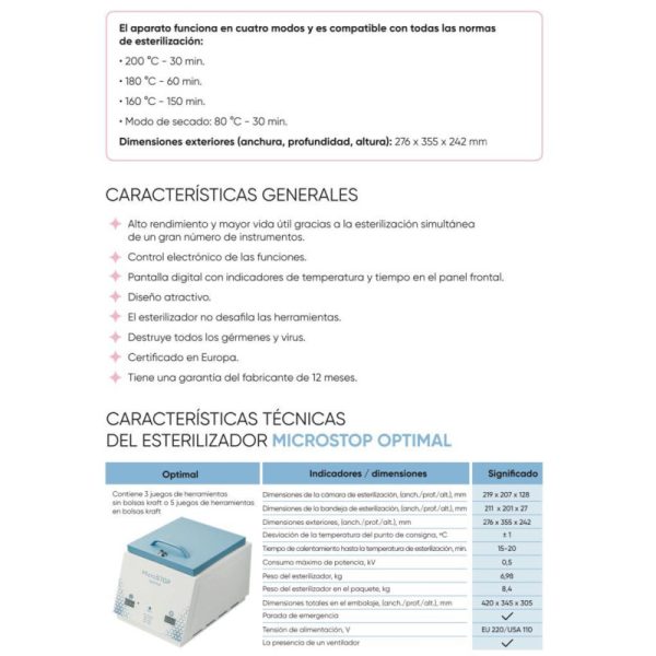 Horno Esterilizador de calor seco Microstop Optimal 5 bolsas - Imagen 3