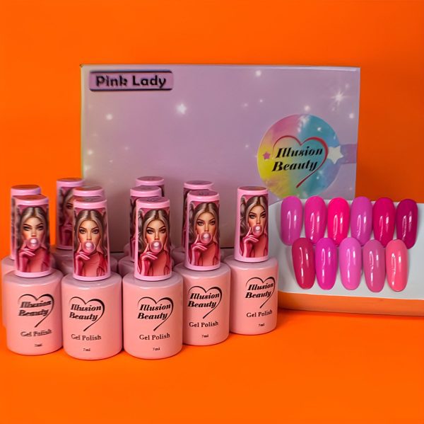 Kit esmaltes semipermanentes colección Pink Lady illusion beauty - Colores rosas Barbie